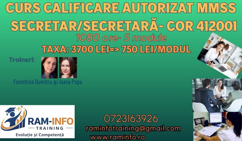 Curs intensiv calificare secretara cod COR 412001, 1080 ore, autorizat MMSS